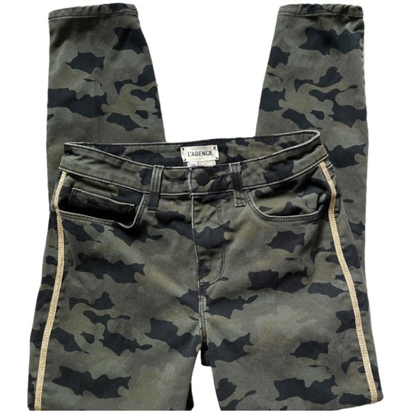 L’AGENCE Margot Stretch Denim Camo Jeans With Gold Side Stripe, New - Picture 11 of 15